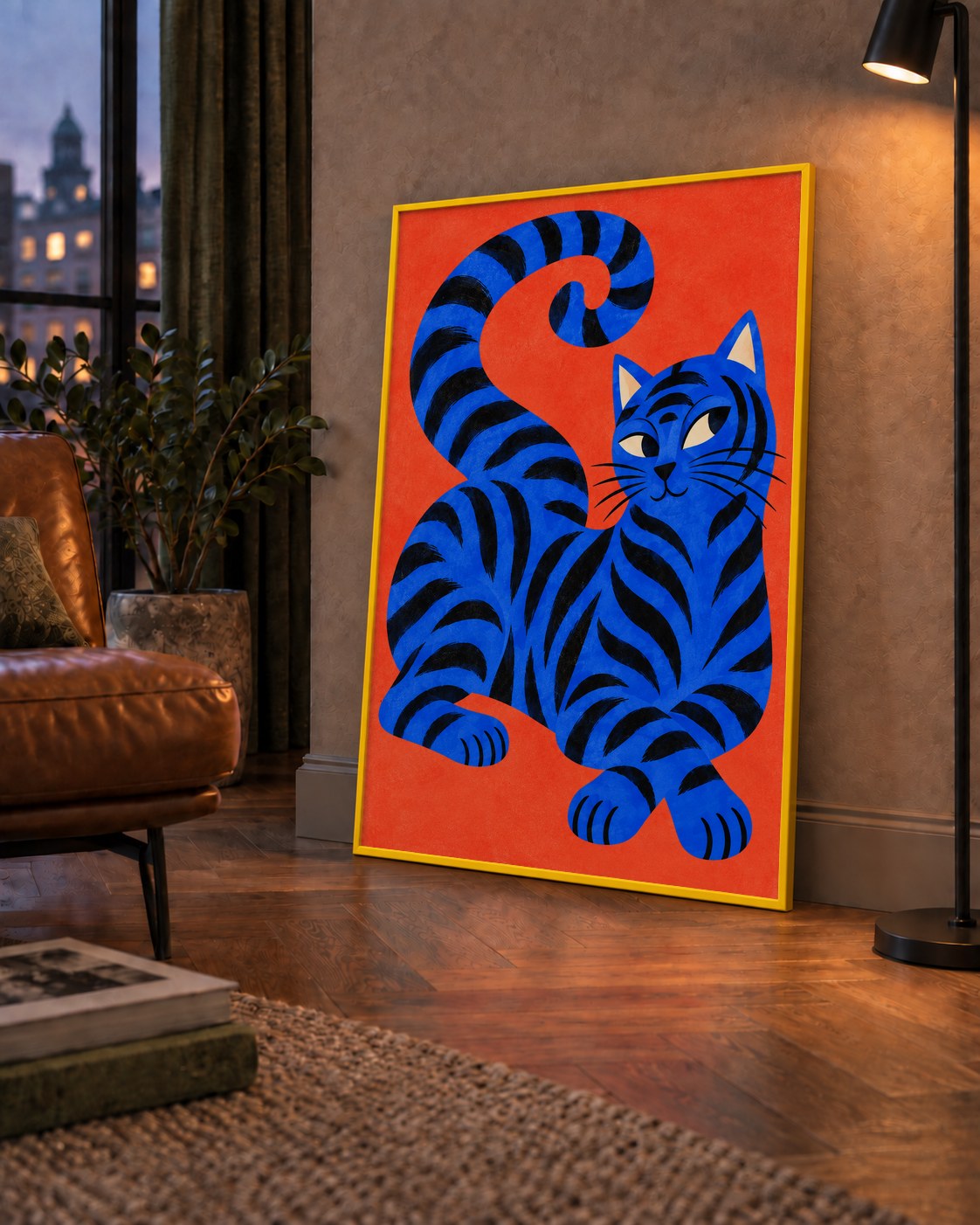 Mavi Siyah Çizgili Kedi Poster – Canlı ve Modern Duvar Sanatı — çerçeveli hâliyle bir ev duvarında