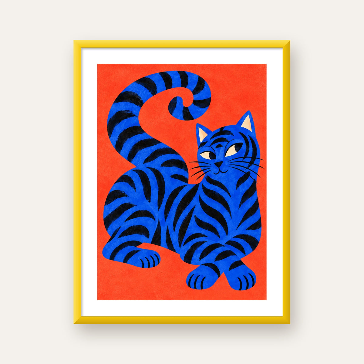 Mavi Siyah Çizgili Kedi Poster – Canlı ve Modern Duvar Sanatı — sarı çerçeveli paspartulu