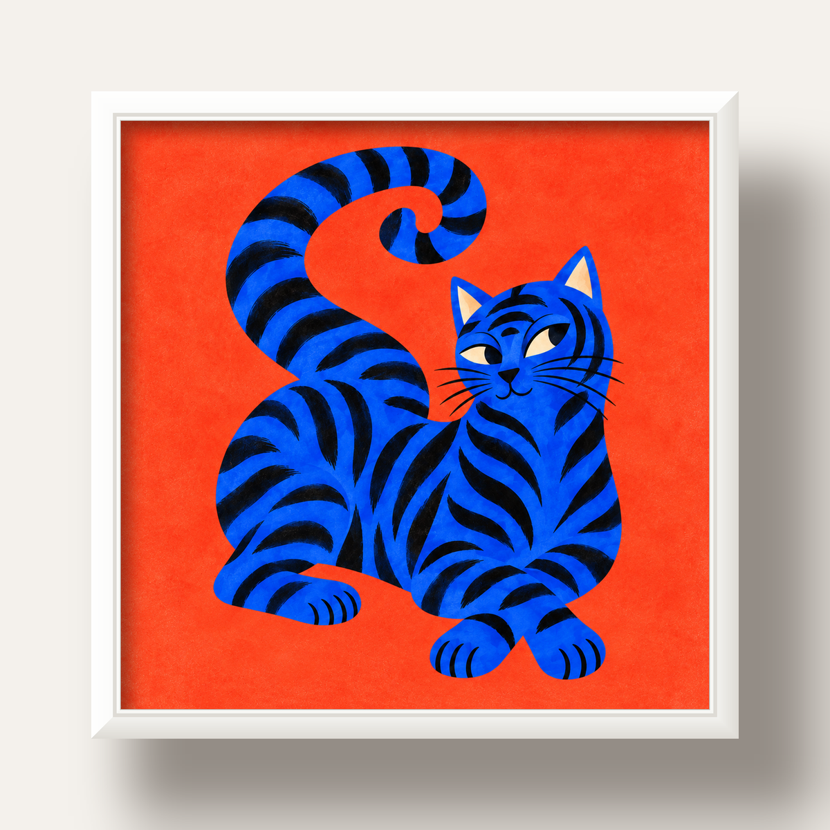 Mavi Siyah Çizgili Kedi Poster – Canlı ve Modern Duvar Sanatı — beyaz derin çerçeveli