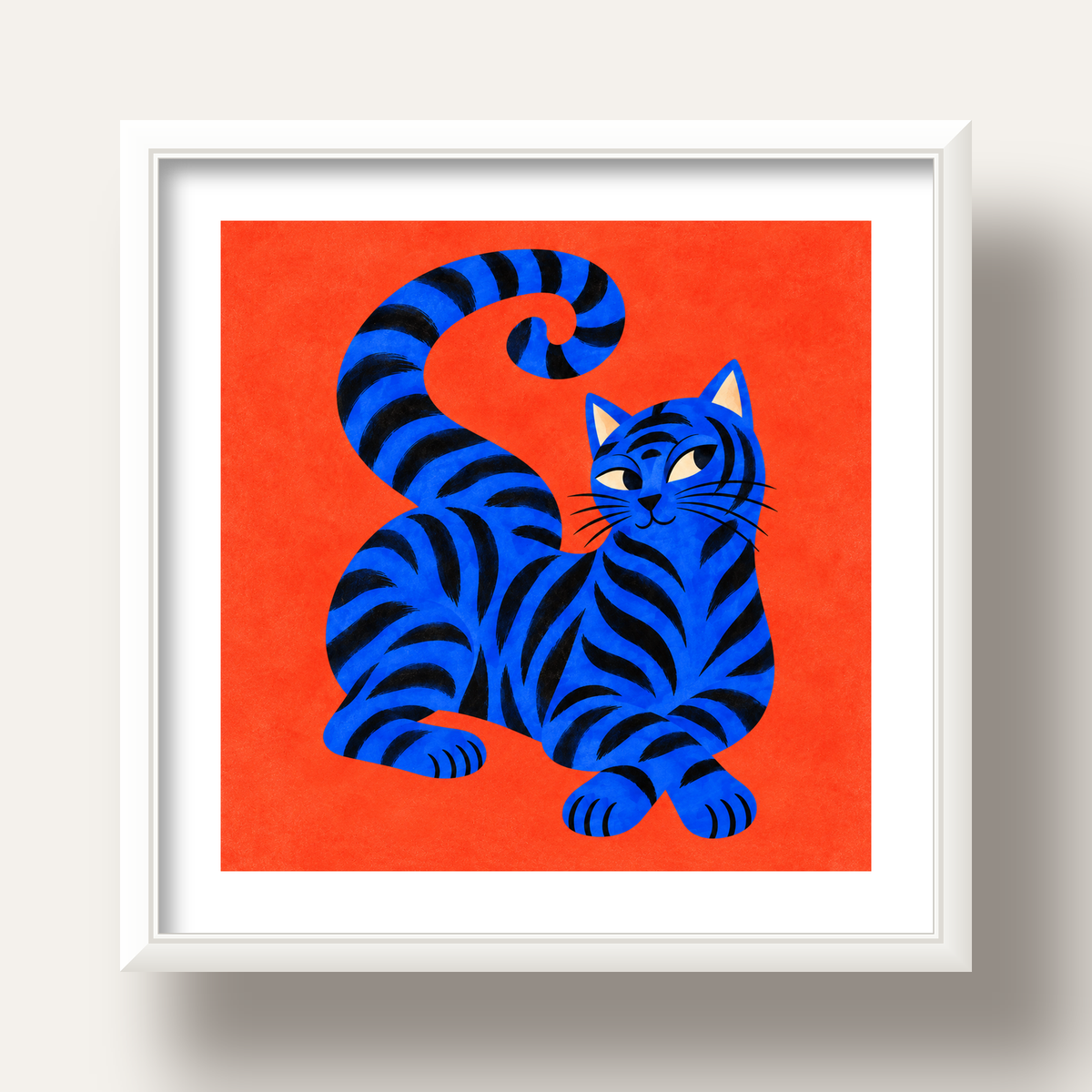 Mavi Siyah Çizgili Kedi Poster – Canlı ve Modern Duvar Sanatı — beyaz derin çerçeveli paspartulu