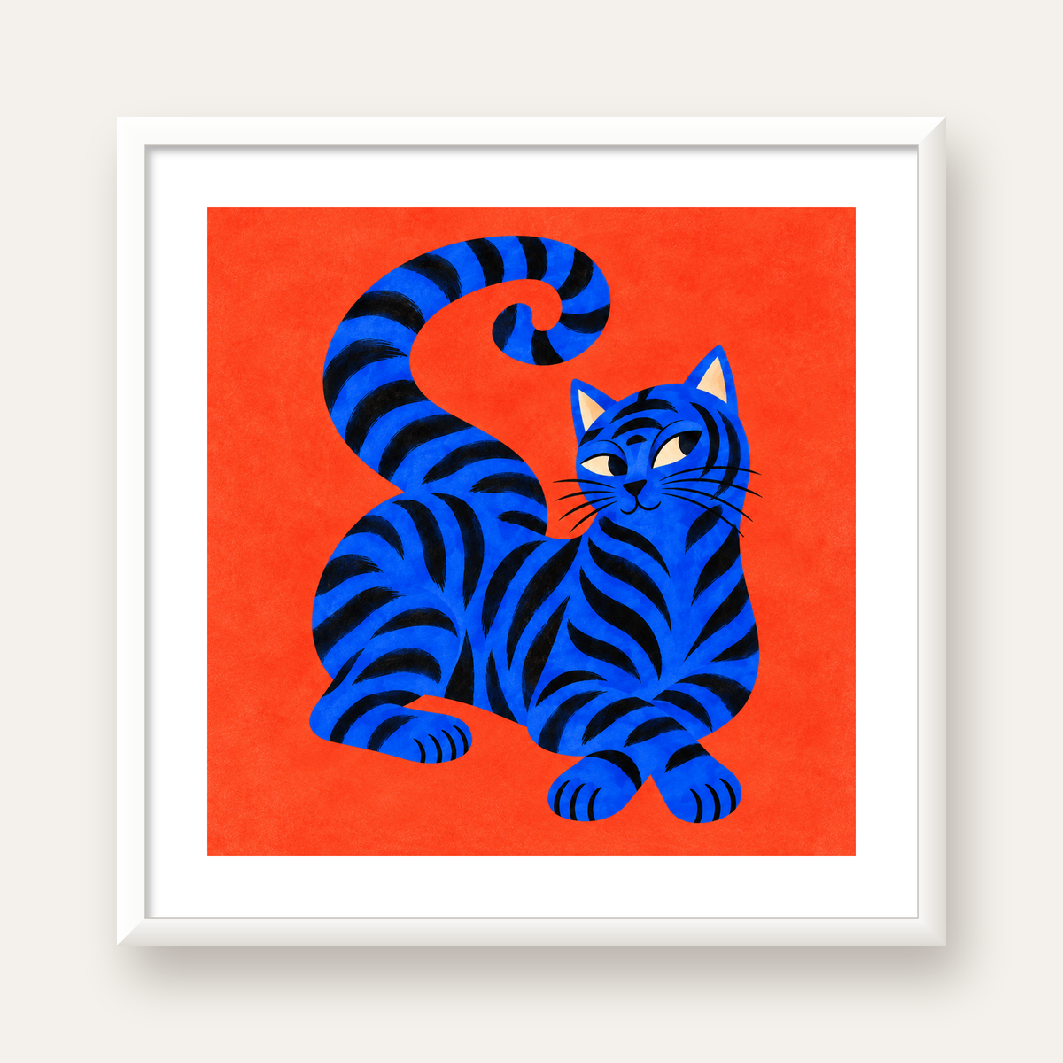 Mavi Siyah Çizgili Kedi Poster – Canlı ve Modern Duvar Sanatı — beyaz çerçeveli kare poster
