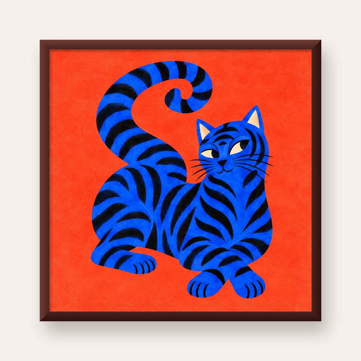 Mavi Siyah Çizgili Kedi Poster – Canlı ve Modern Duvar Sanatı — ceviz çerçeveli