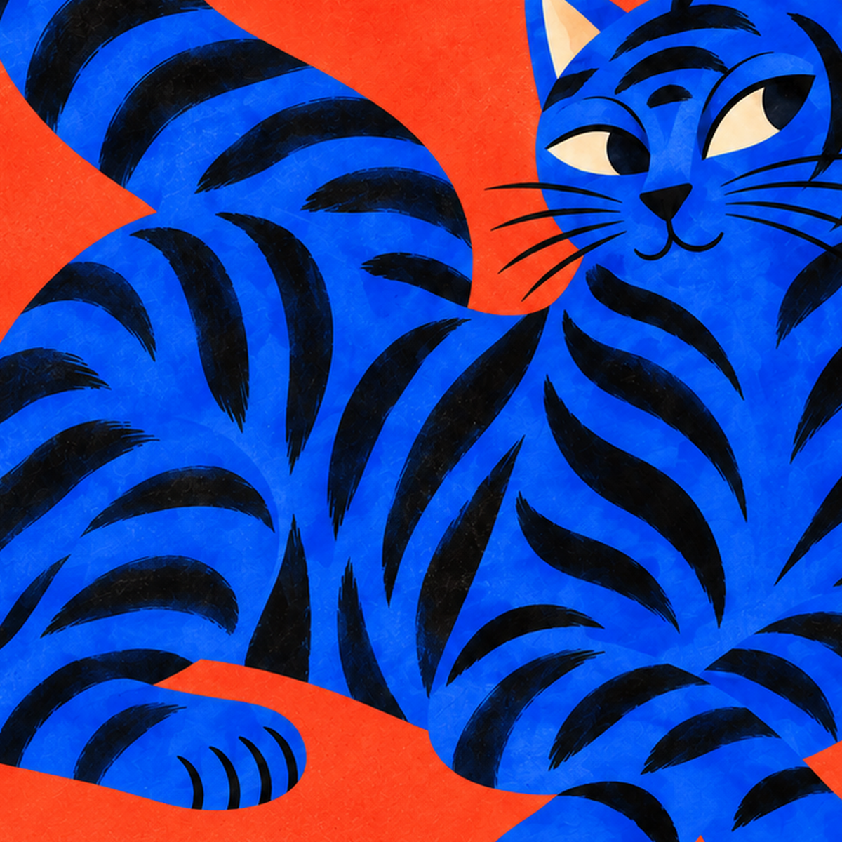 Mavi Siyah Çizgili Kedi Poster – Canlı ve Modern Duvar Sanatı — baskının yakın çekimi, kâğıt dokusu ve renk detayı