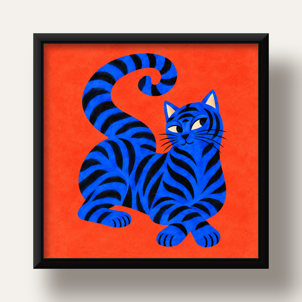 Mavi Siyah Çizgili Kedi Poster – Canlı ve Modern Duvar Sanatı — siyah derin çerçeveli
