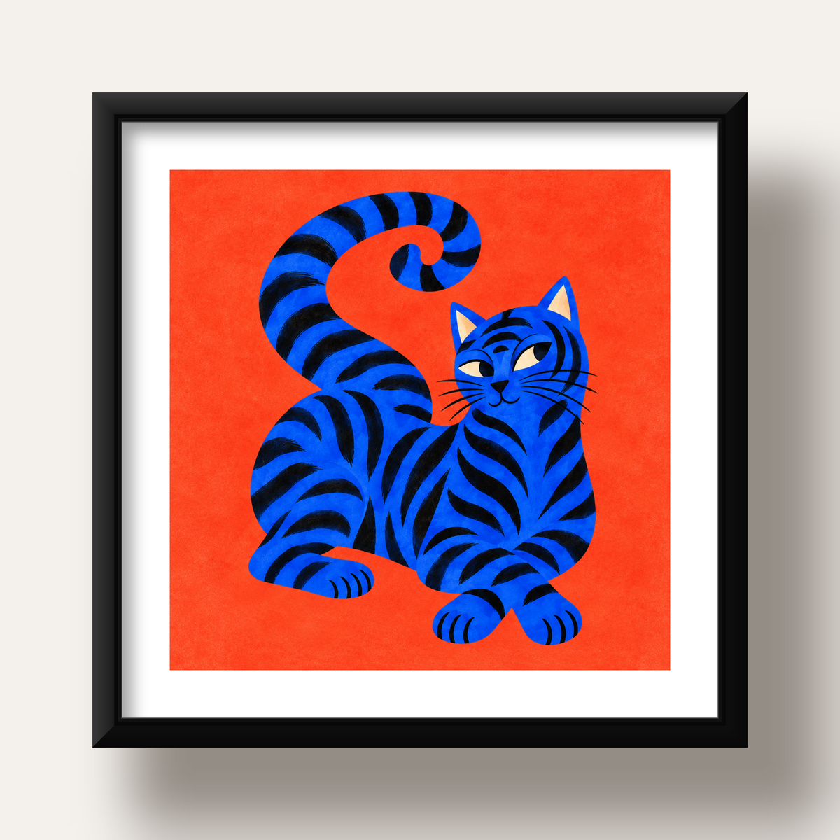 Mavi Siyah Çizgili Kedi Poster – Canlı ve Modern Duvar Sanatı — siyah derin çerçeveli paspartulu