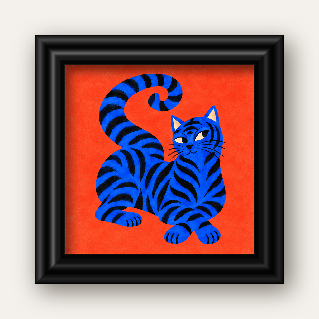 Mavi Siyah Çizgili Kedi Poster – Canlı ve Modern Duvar Sanatı — siyah galeri çerçeveli