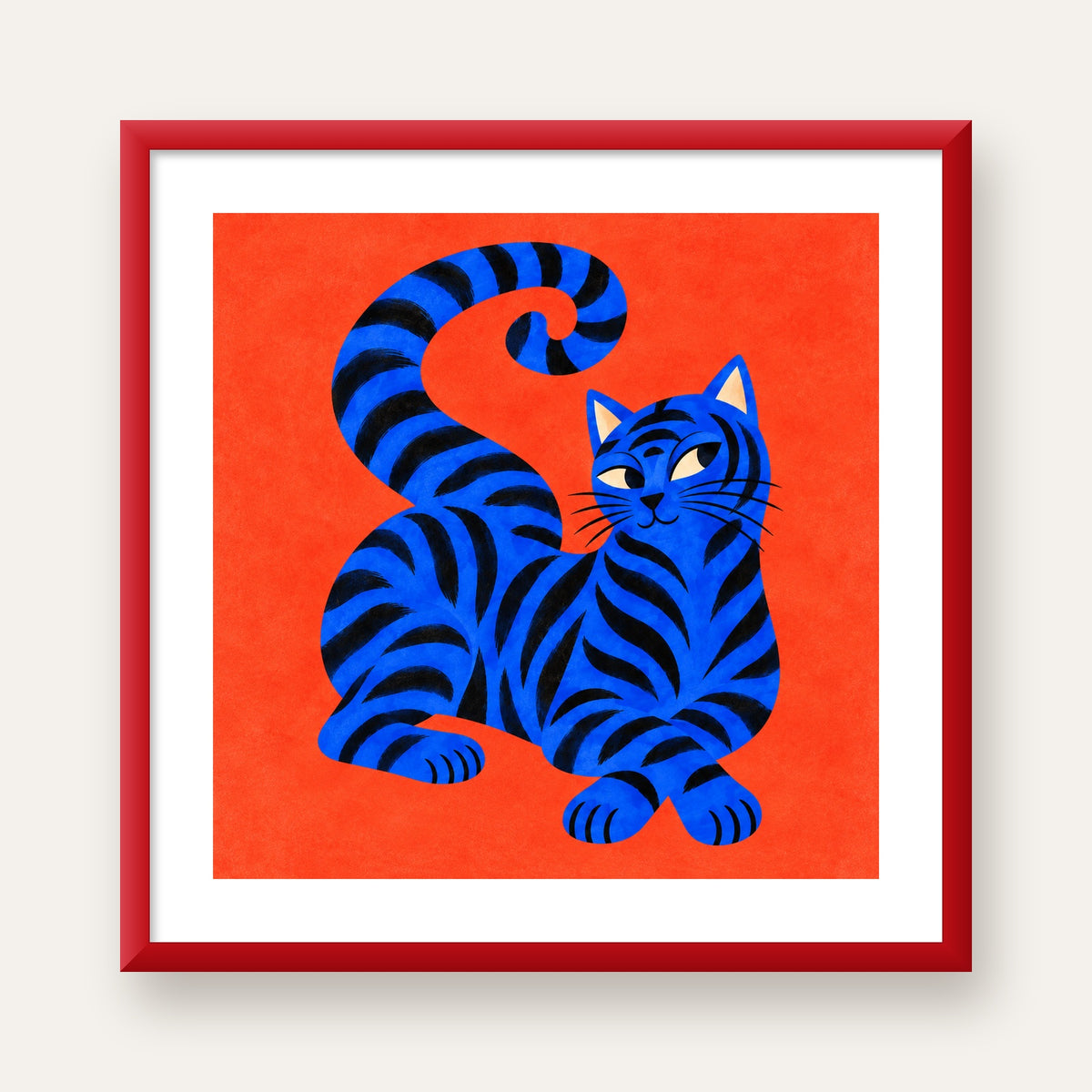 Mavi Siyah Çizgili Kedi Poster – Canlı ve Modern Duvar Sanatı — kırmızı çerçeveli paspartulu