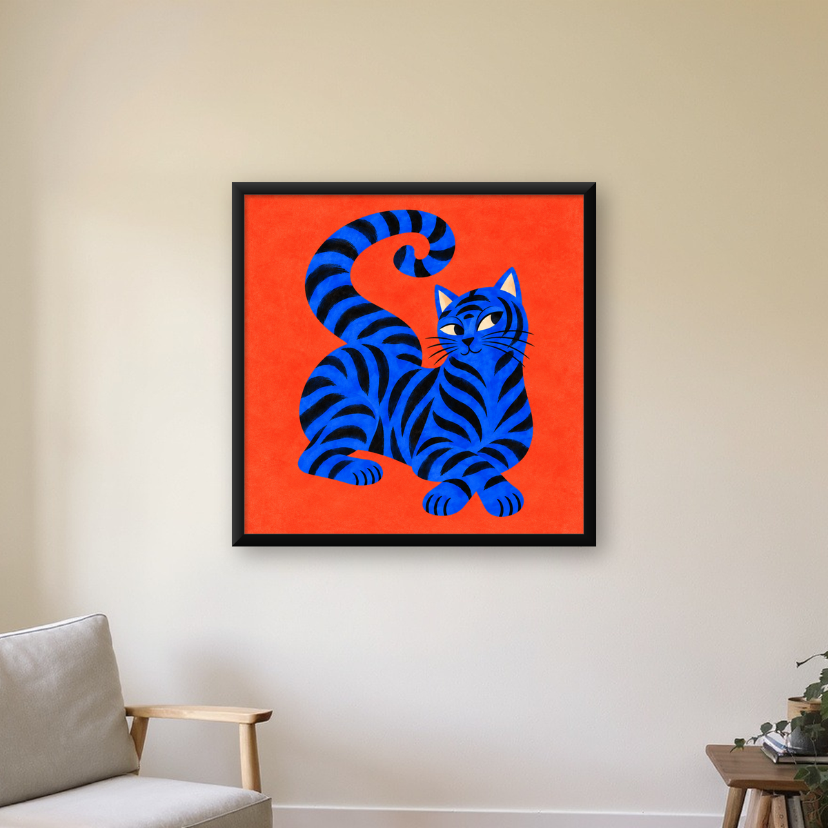 Mavi Siyah Çizgili Kedi Poster – Canlı ve Modern Duvar Sanatı — Kare baskı, çerçeveli hâliyle bir ev duvarında