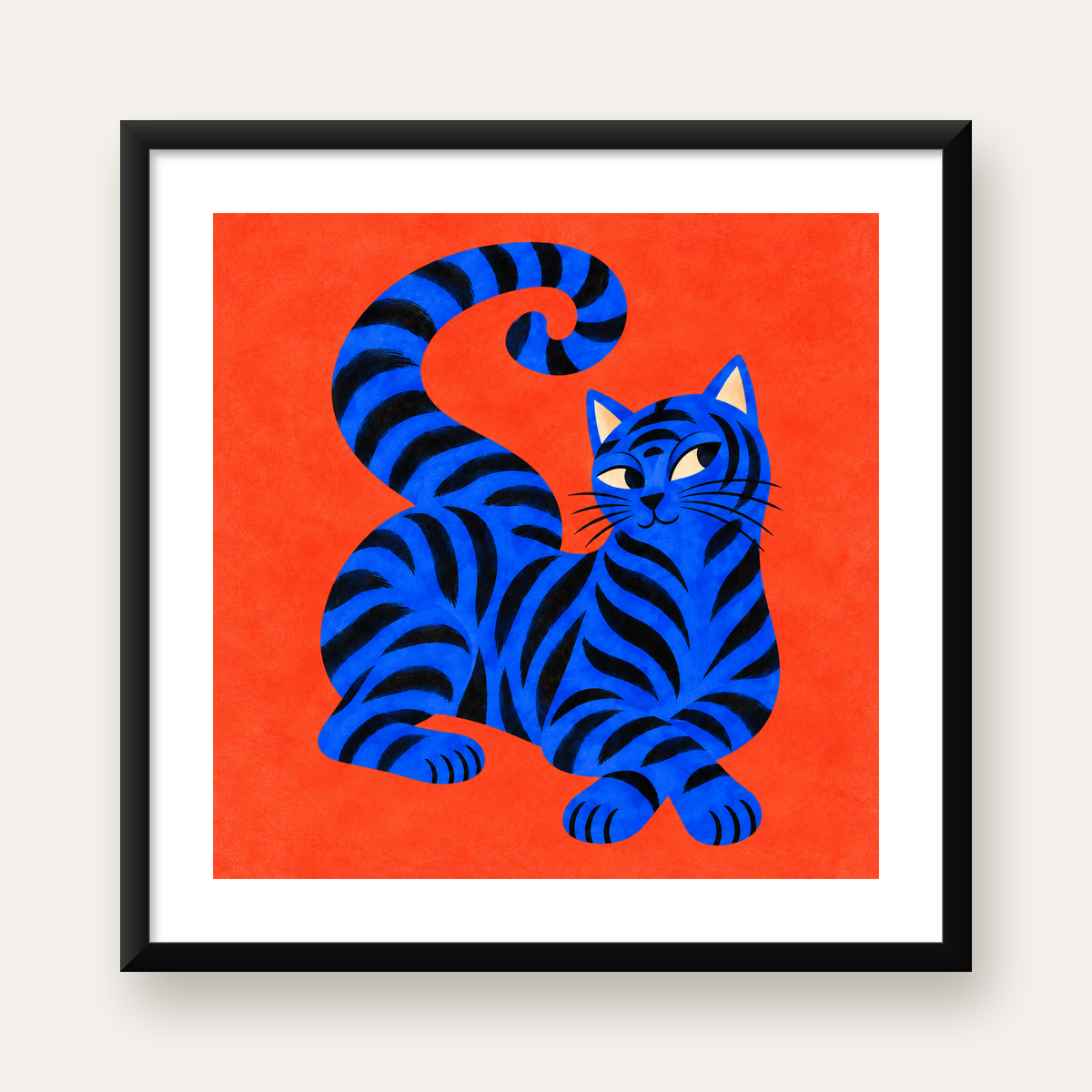 Mavi Siyah Çizgili Kedi Poster – Canlı ve Modern Duvar Sanatı — Kare baskı, beyaz paspartulu
