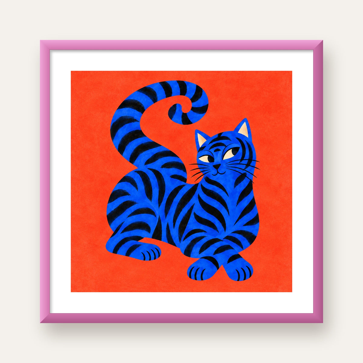 Mavi Siyah Çizgili Kedi Poster – Canlı ve Modern Duvar Sanatı — pembe çerçeveli paspartulu