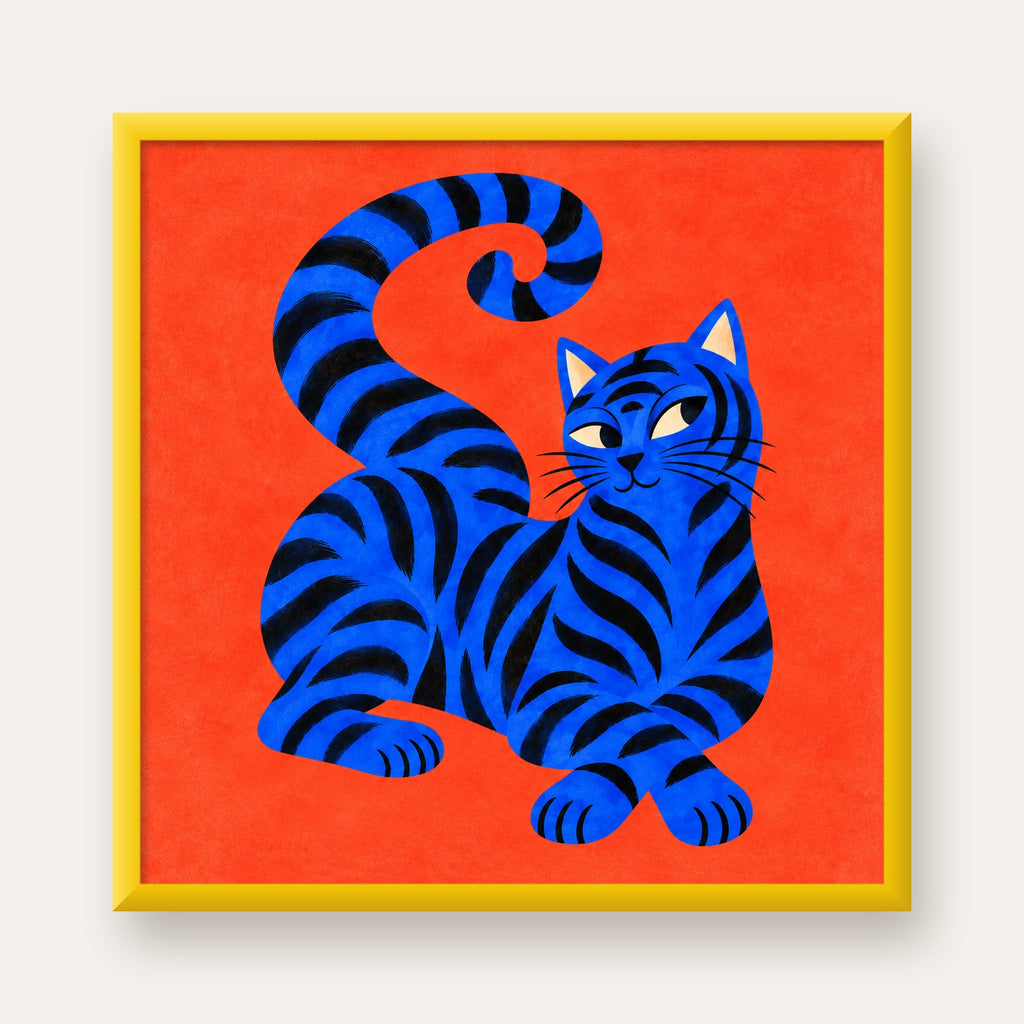 Mavi Siyah Çizgili Kedi Poster – Canlı ve Modern Duvar Sanatı — sarı çerçeveli