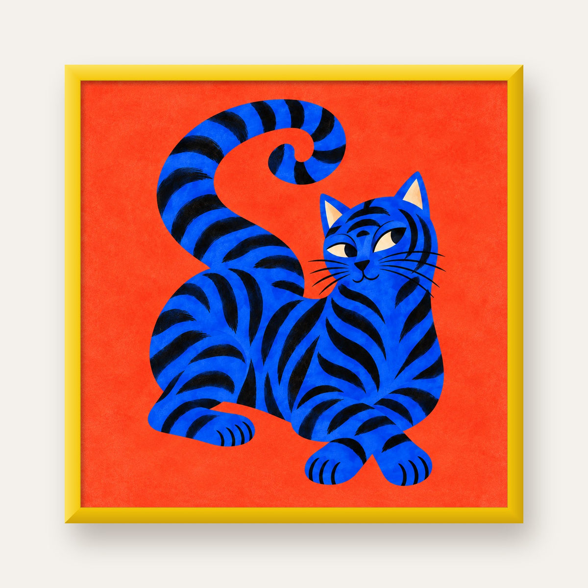 Mavi Siyah Çizgili Kedi Poster – Canlı ve Modern Duvar Sanatı — sarı çerçeveli
