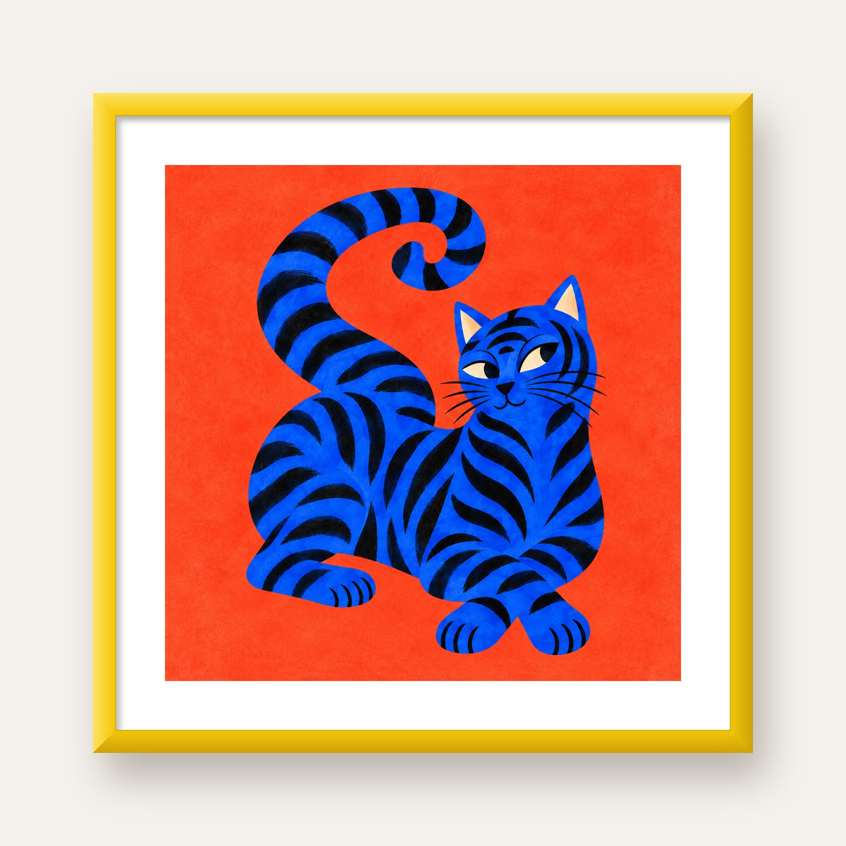 Mavi Siyah Çizgili Kedi Poster – Canlı ve Modern Duvar Sanatı — sarı çerçeveli paspartulu
