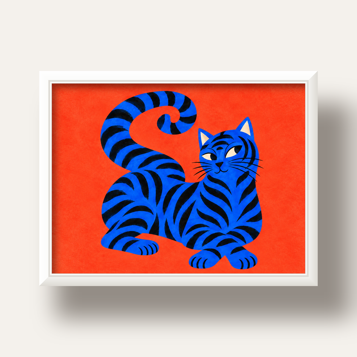 Mavi Siyah Çizgili Kedi Poster – Canlı ve Modern Duvar Sanatı — beyaz derin çerçeveli