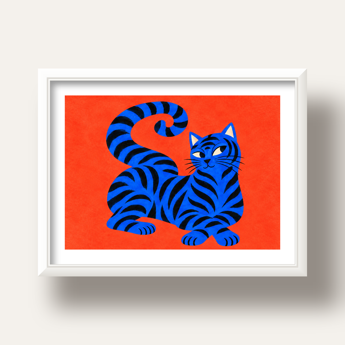 Mavi Siyah Çizgili Kedi Poster – Canlı ve Modern Duvar Sanatı — beyaz derin çerçeveli paspartulu