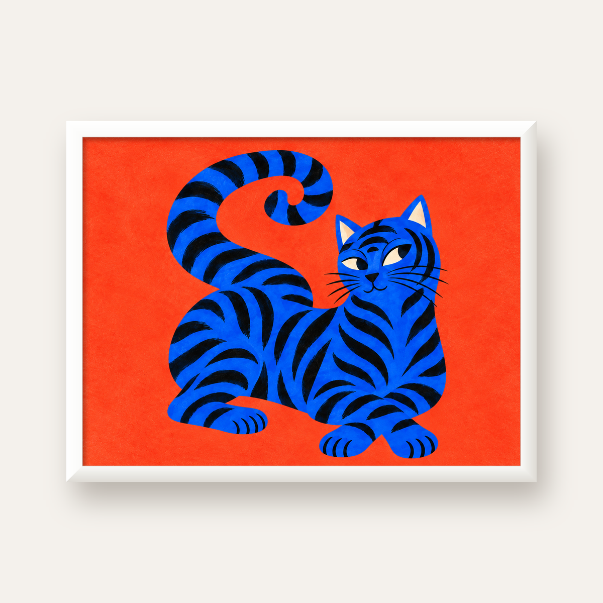 Mavi Siyah Çizgili Kedi Poster – Canlı ve Modern Duvar Sanatı — beyaz çerçeveli yatay poster