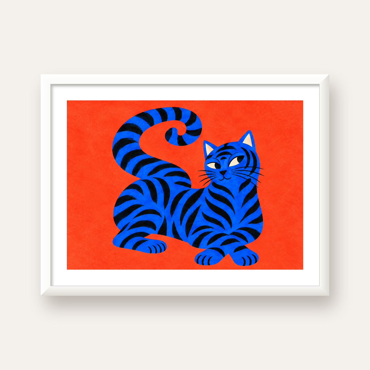 Mavi Siyah Çizgili Kedi Poster – Canlı ve Modern Duvar Sanatı — beyaz çerçeveli yatay poster