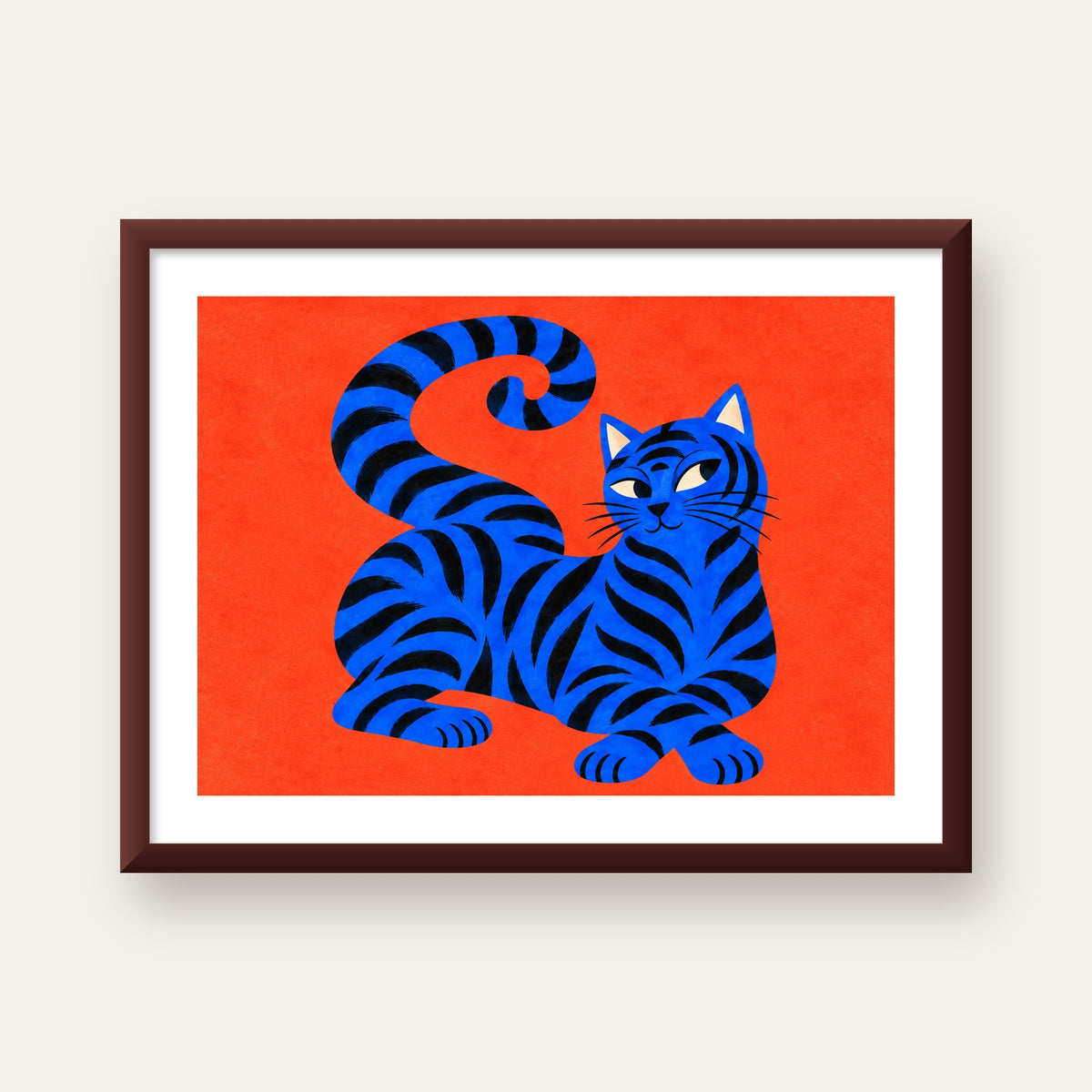 Mavi Siyah Çizgili Kedi Poster – Canlı ve Modern Duvar Sanatı — ceviz çerçeveli paspartulu