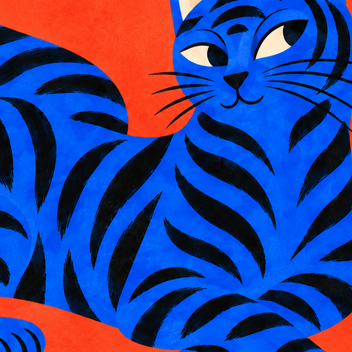 Mavi Siyah Çizgili Kedi Poster – Canlı ve Modern Duvar Sanatı — baskının yakın çekimi, kâğıt dokusu ve renk detayı