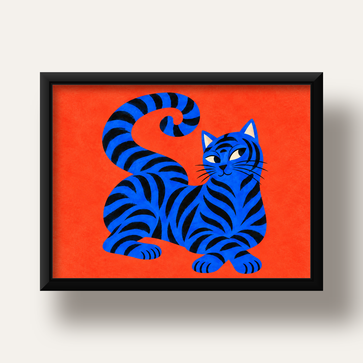 Mavi Siyah Çizgili Kedi Poster – Canlı ve Modern Duvar Sanatı — siyah derin çerçeveli