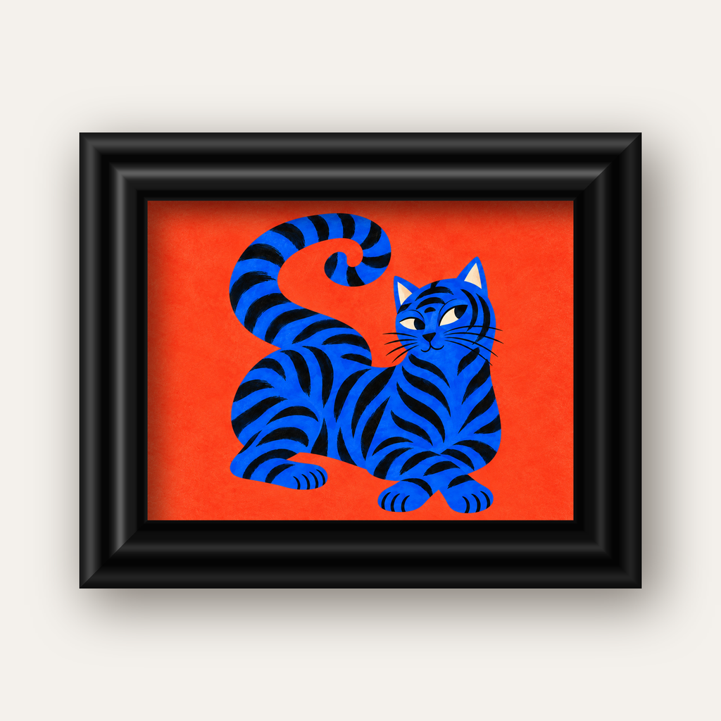 Mavi Siyah Çizgili Kedi Poster – Canlı ve Modern Duvar Sanatı — siyah galeri çerçeveli