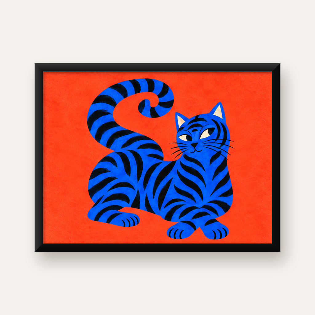 Mavi Siyah Çizgili Kedi Poster – Canlı ve Modern Duvar Sanatı — Yatay baskı, düz siyah çerçeveli duvar posteri