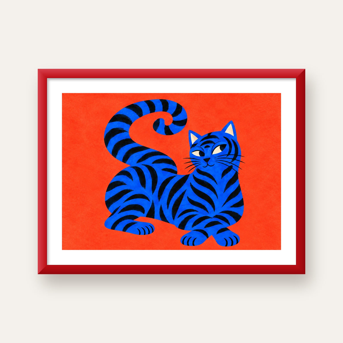 Mavi Siyah Çizgili Kedi Poster – Canlı ve Modern Duvar Sanatı — kırmızı çerçeveli paspartulu
