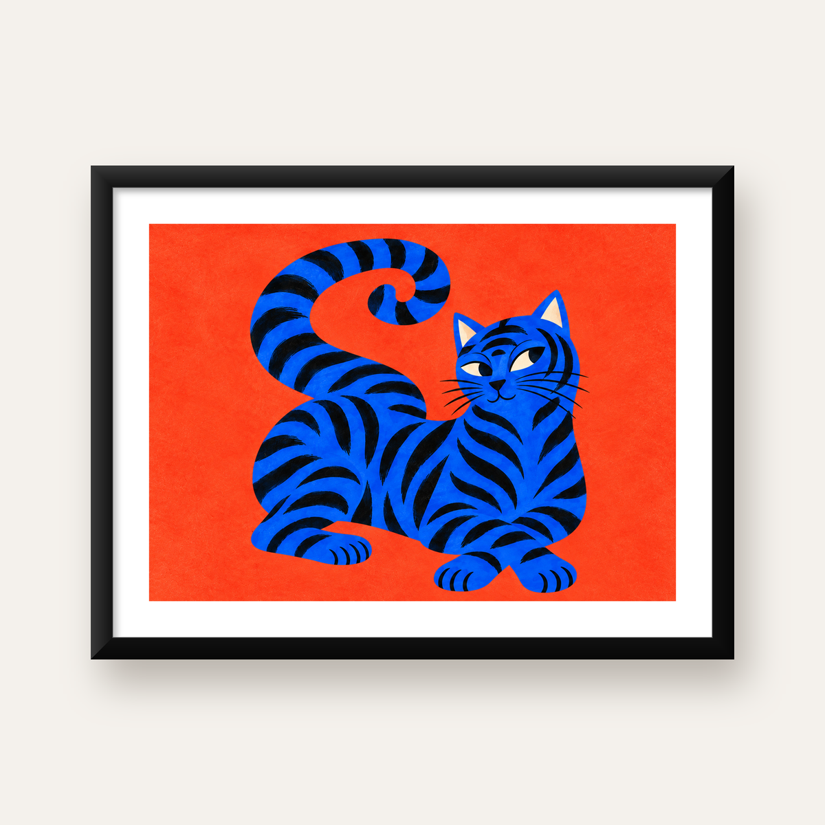 Mavi Siyah Çizgili Kedi Poster – Canlı ve Modern Duvar Sanatı — Yatay baskı, beyaz paspartulu