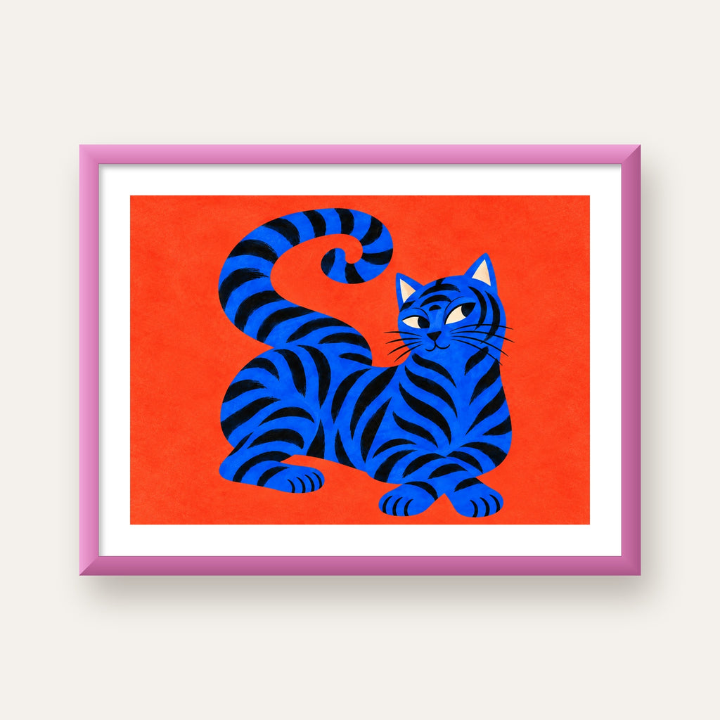 Mavi Siyah Çizgili Kedi Poster – Canlı ve Modern Duvar Sanatı — pembe çerçeveli paspartulu