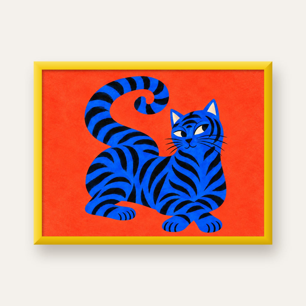 Mavi Siyah Çizgili Kedi Poster – Canlı ve Modern Duvar Sanatı — sarı çerçeveli