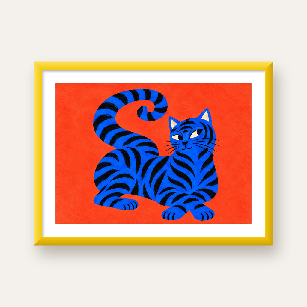 Mavi Siyah Çizgili Kedi Poster – Canlı ve Modern Duvar Sanatı — sarı çerçeveli paspartulu