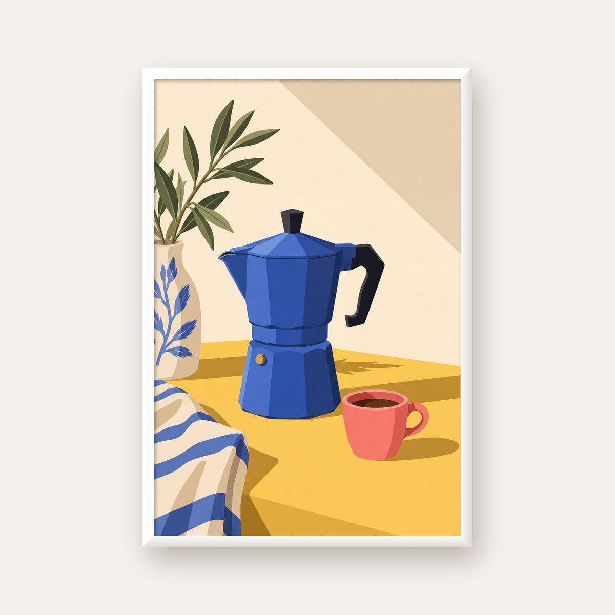 Mavi Moka Pot & Fincan Yağlı Boya Poster – Modern Mutfak Dekoru — beyaz çerçeveli dikey poster