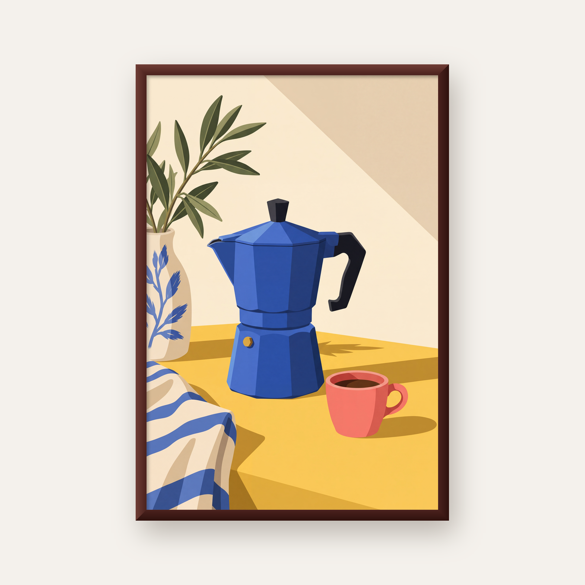 Mavi Moka Pot & Fincan Yağlı Boya Poster – Modern Mutfak Dekoru — ceviz çerçeveli