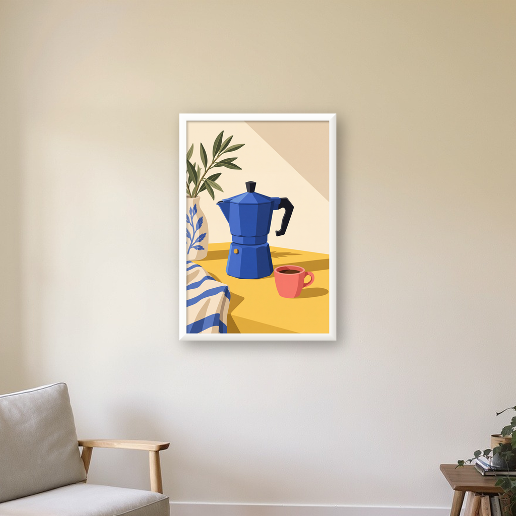 Mavi Moka Pot & Fincan Yağlı Boya Poster – Modern Mutfak Dekoru — beyaz çerçeveli dikey poster