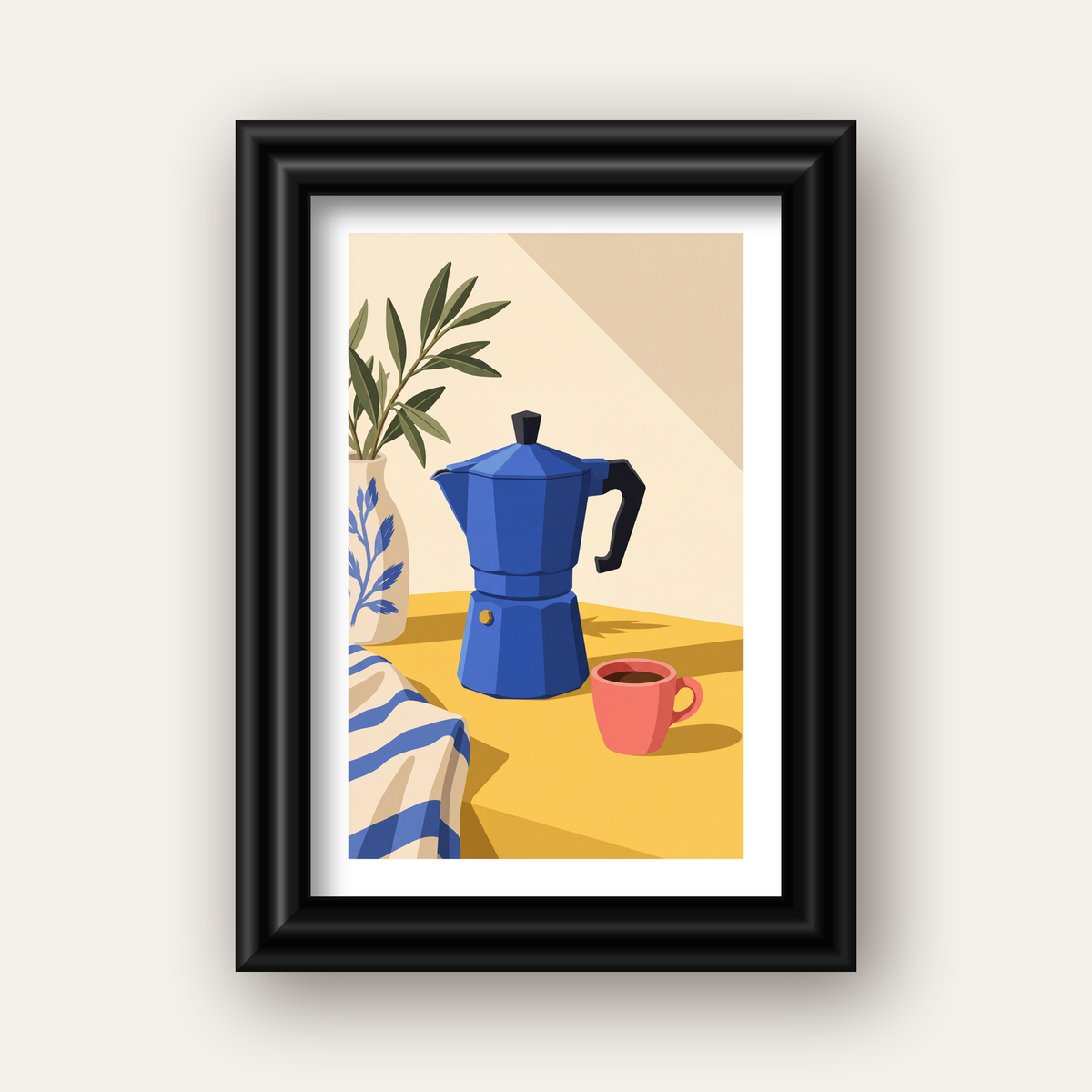 Mavi Moka Pot & Fincan Yağlı Boya Poster – Modern Mutfak Dekoru — siyah galeri çerçeveli paspartulu