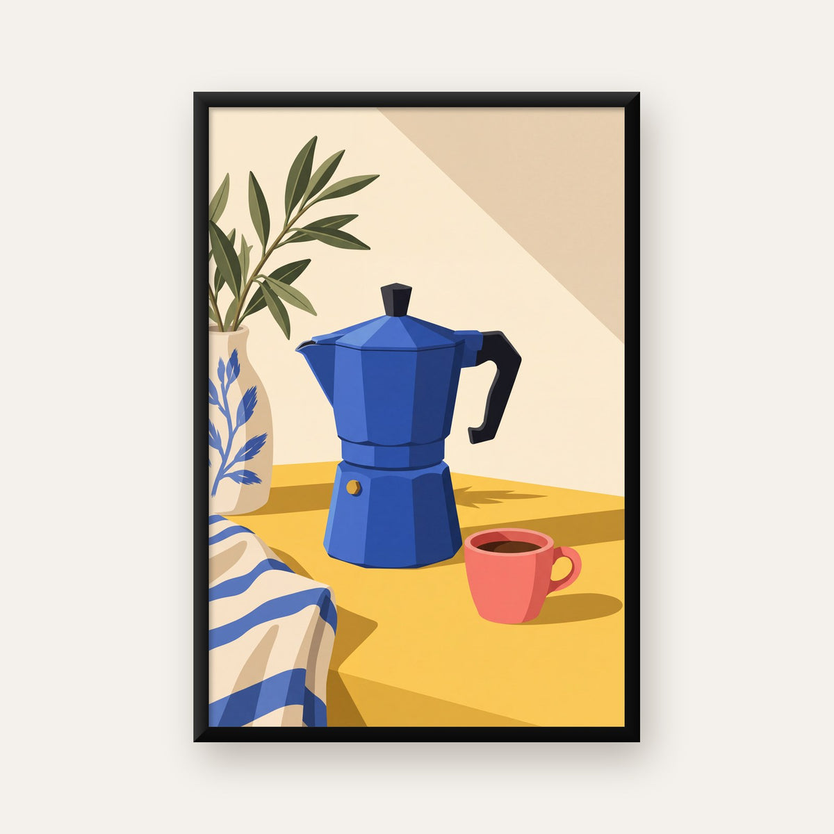 Mavi Moka Pot & Fincan Yağlı Boya Poster – Modern Mutfak Dekoru — ceviz çerçeveli