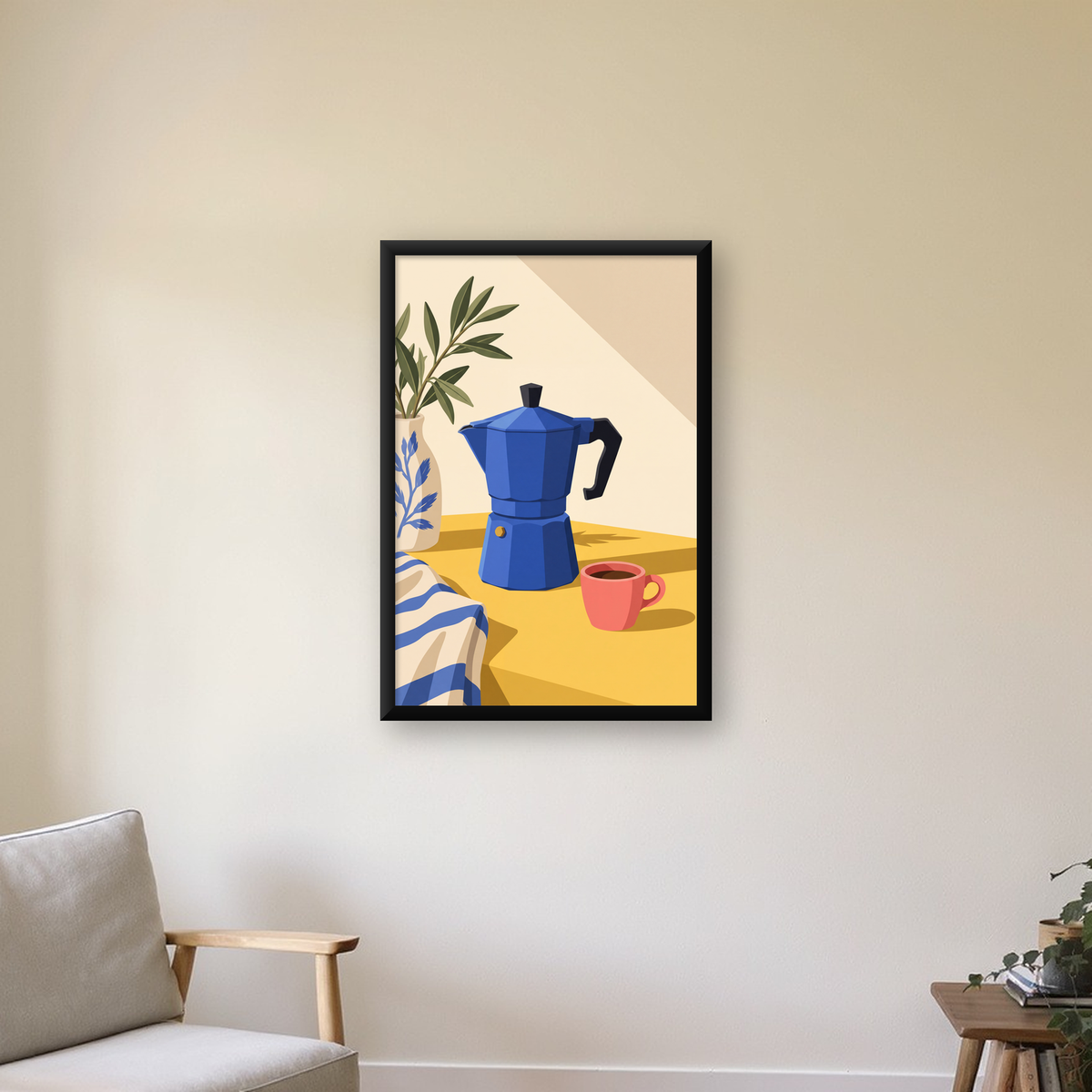Mavi Moka Pot & Fincan Yağlı Boya Poster – Modern Mutfak Dekoru — çerçeveli hâliyle bir ev duvarında