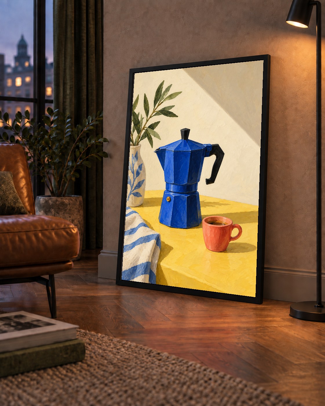 Mavi Moka Pot & Fincan Yağlı Boya Poster – Modern Mutfak Dekoru