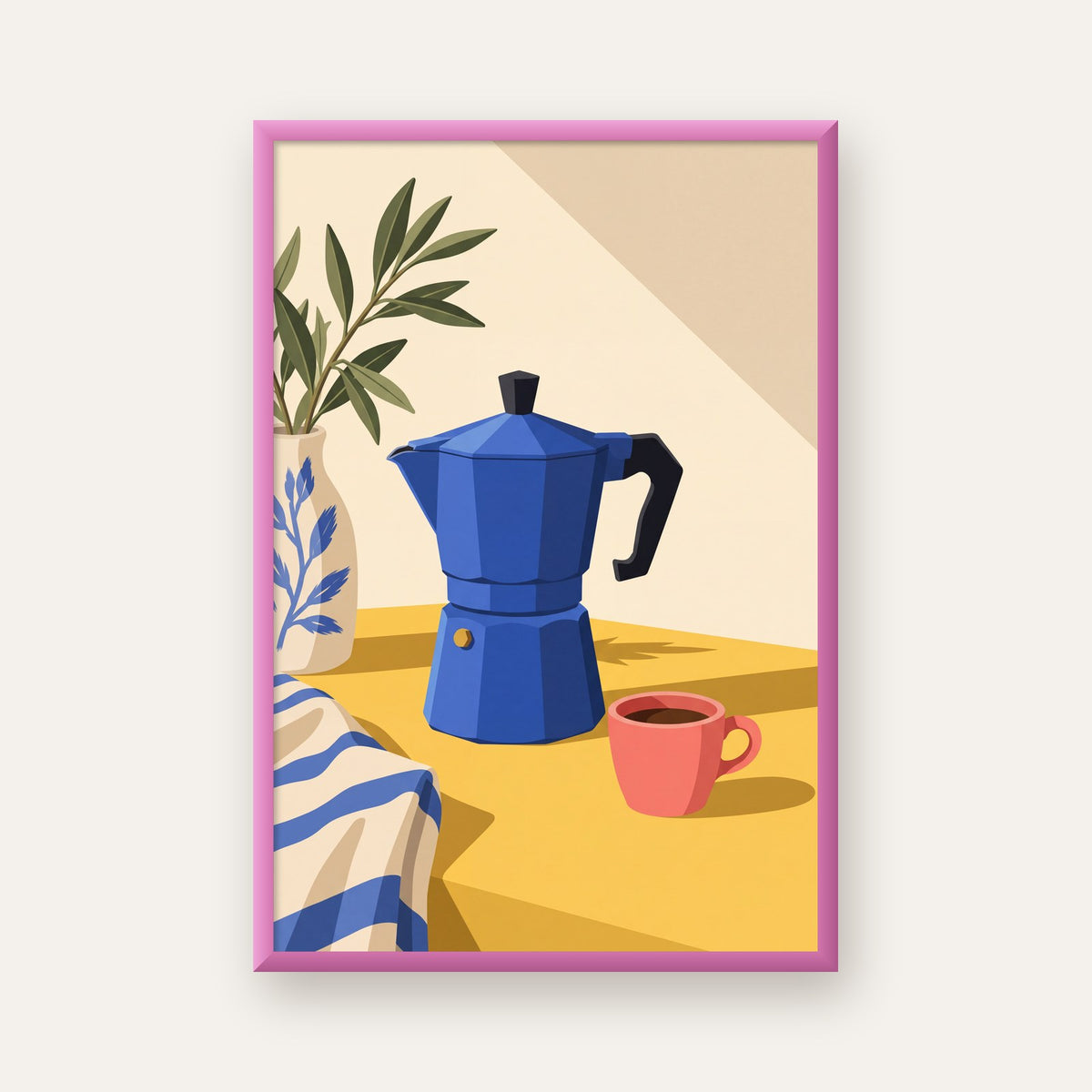 Mavi Moka Pot & Fincan Yağlı Boya Poster – Modern Mutfak Dekoru — pembe çerçeveli