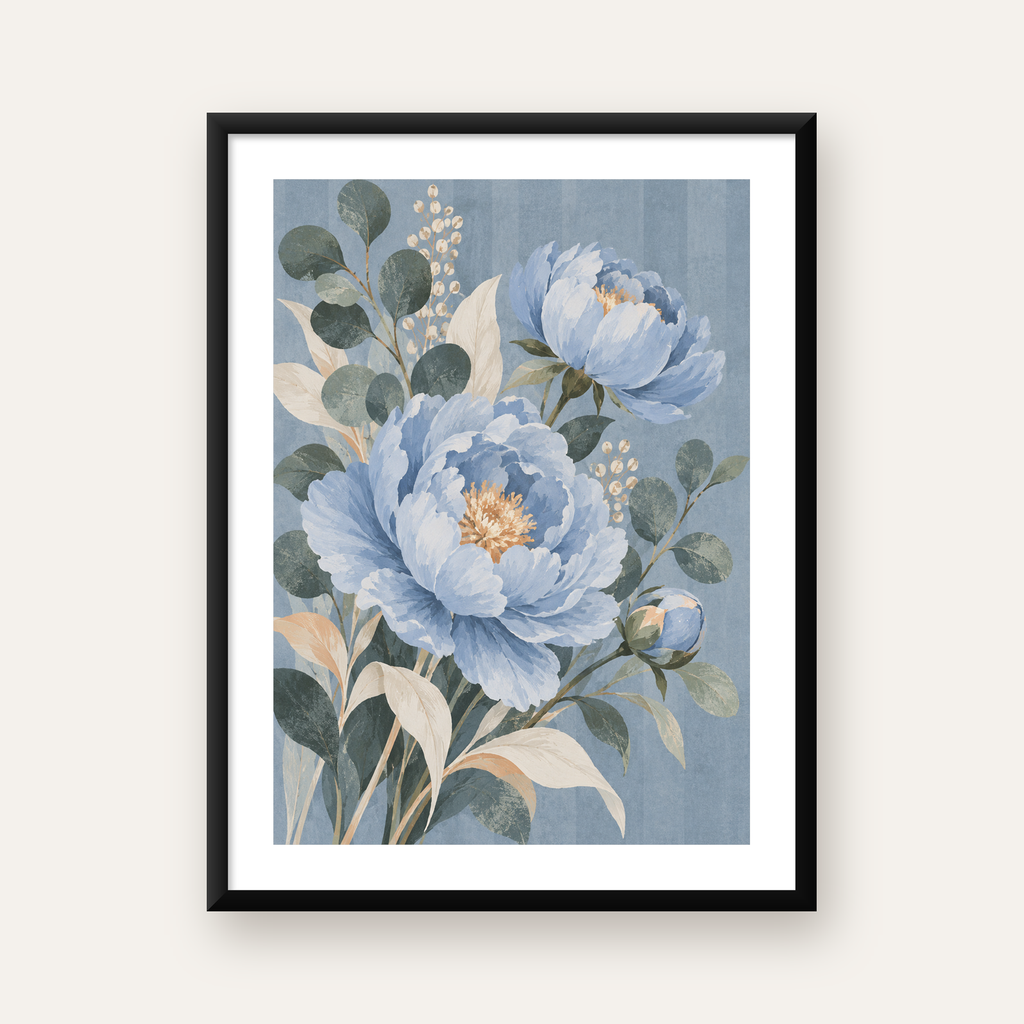 Mavi Çiçekli Botanik Desen Poster – Suluboya Pastel Dekor — Dikey baskı, beyaz kenar boşluklu