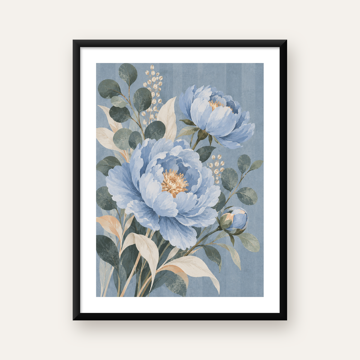 Mavi Çiçekli Botanik Desen Poster – Suluboya Pastel Dekor — Dikey baskı, beyaz kenar boşluklu