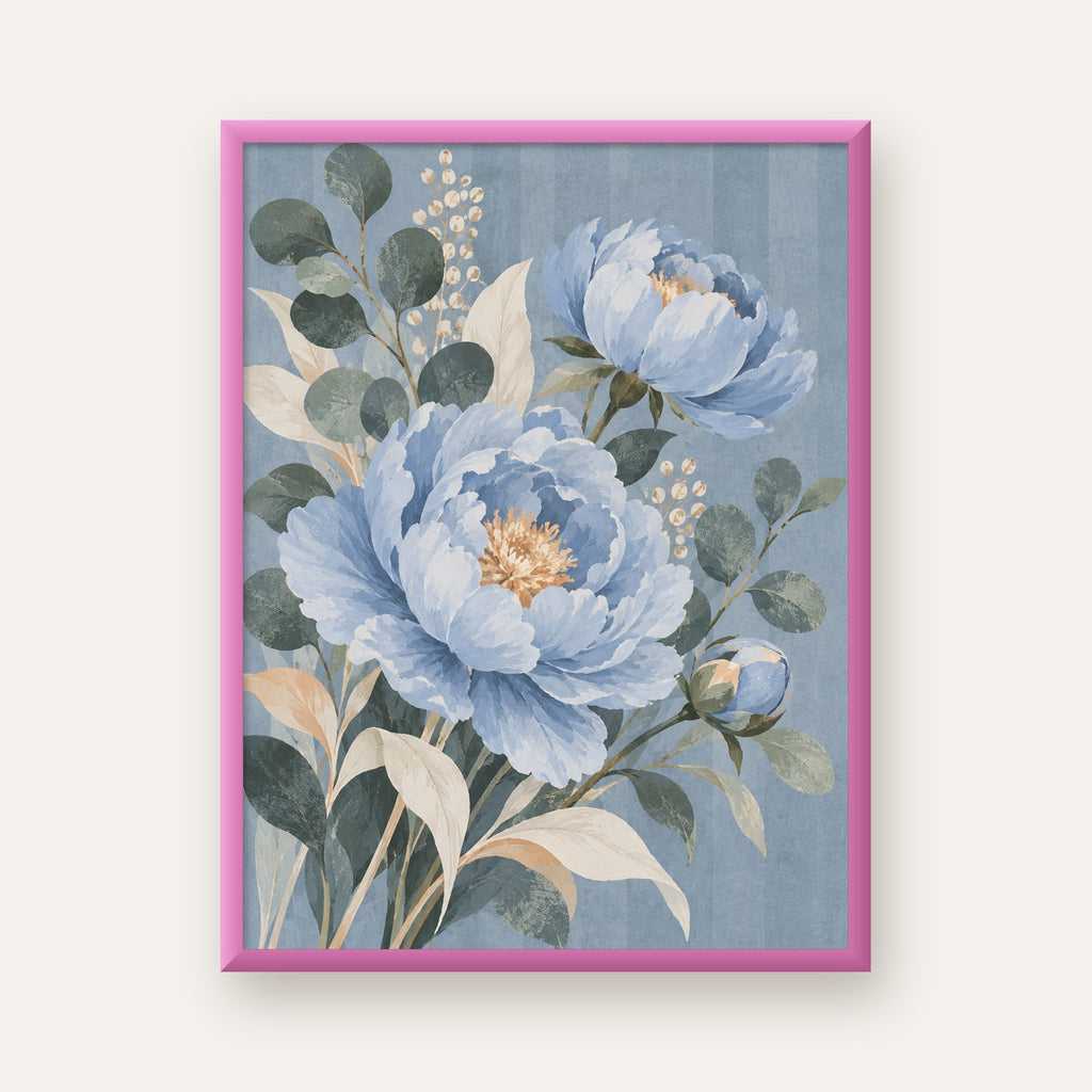 Mavi Şakayık ve Okaliptüs Botanik Poster — pembe çerçeveli