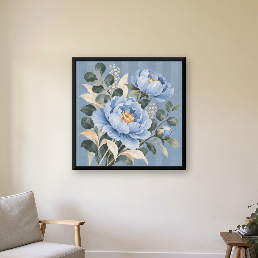 Mavi Çiçekli Botanik Desen Poster – Suluboya Pastel Dekor — Kare baskı, çerçeveli hâliyle bir ev duvarında