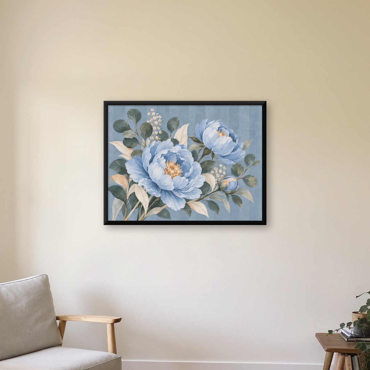 Mavi Çiçekli Botanik Desen Poster – Suluboya Pastel Dekor — Yatay baskı, çerçeveli hâliyle bir ev duvarında