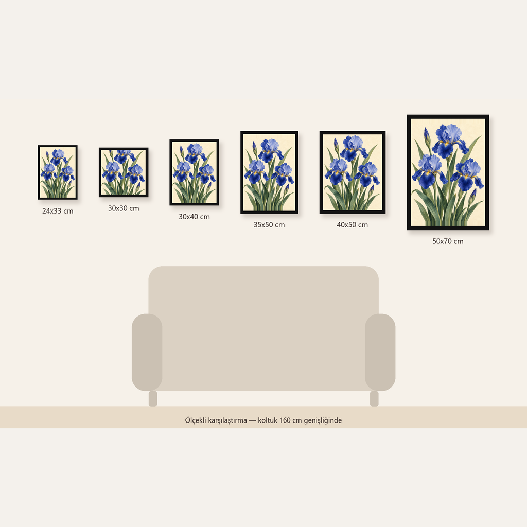 Mavi İris Çiçekleri Suluboya Poster – Zarif Sanat Baskısı — Dikey ölçülerinin karşılaştırması