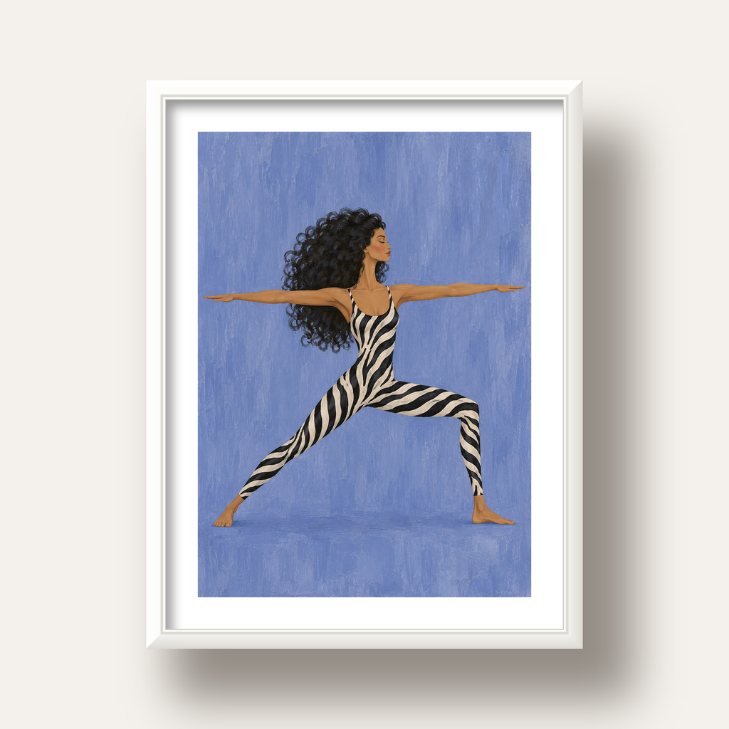 Mavi Zebra Desenli Savaşçı Pozu Yoga Poster — beyaz derin çerçeveli paspartulu