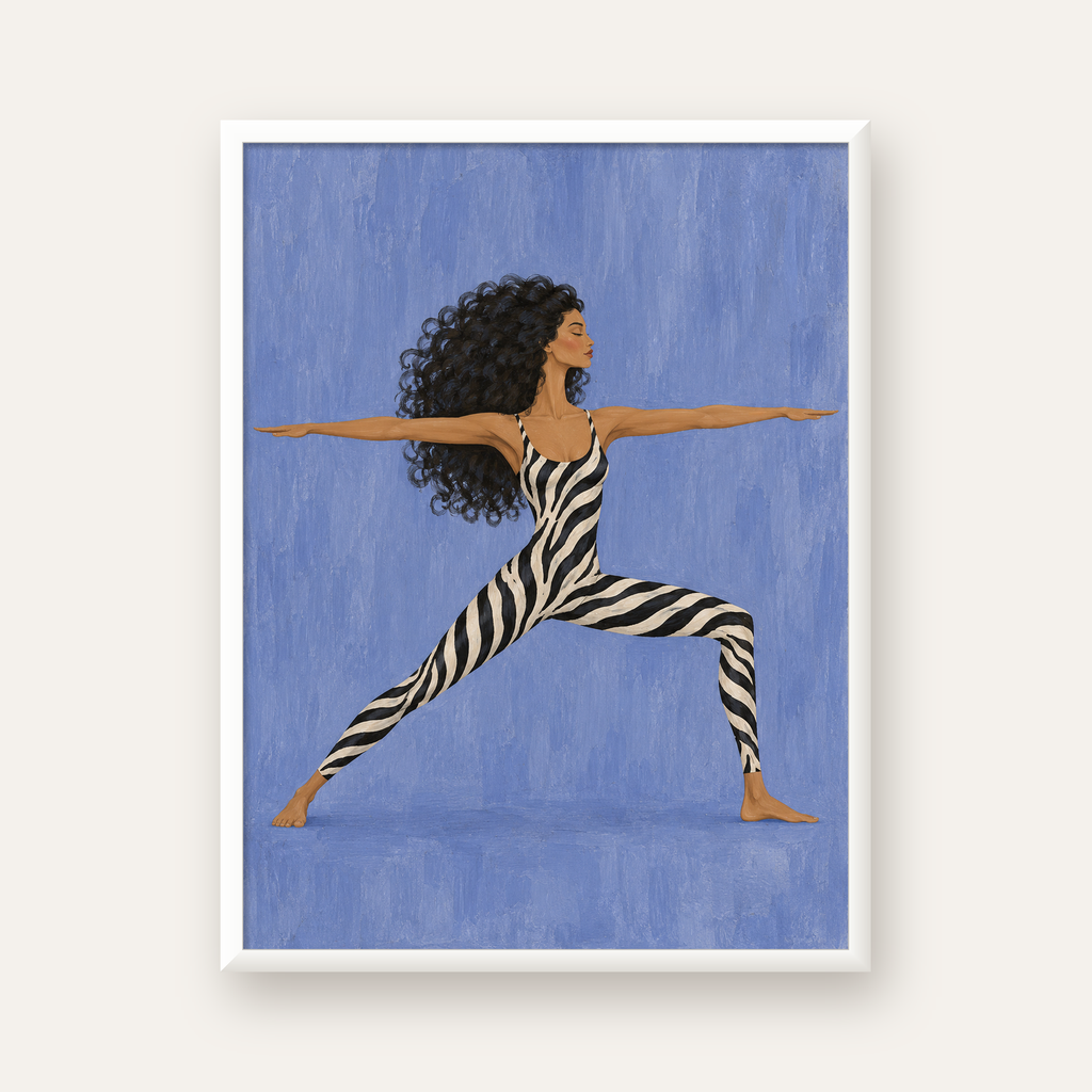 Mavi Zebra Desenli Savaşçı Pozu Yoga Poster — beyaz çerçeveli dikey poster