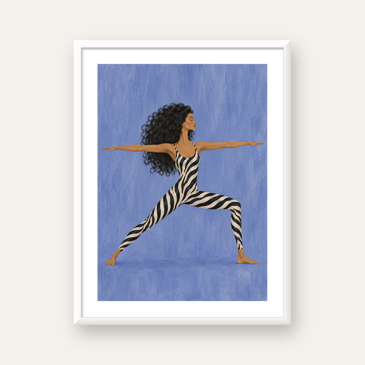 Mavi Zebra Desenli Savaşçı Pozu Yoga Poster — beyaz çerçeveli dikey poster
