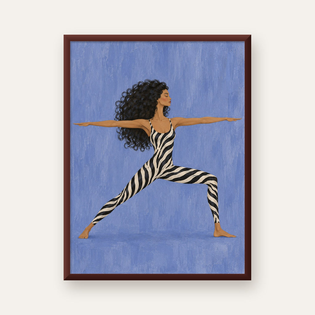 Mavi Zebra Desenli Savaşçı Pozu Yoga Poster — ceviz çerçeveli