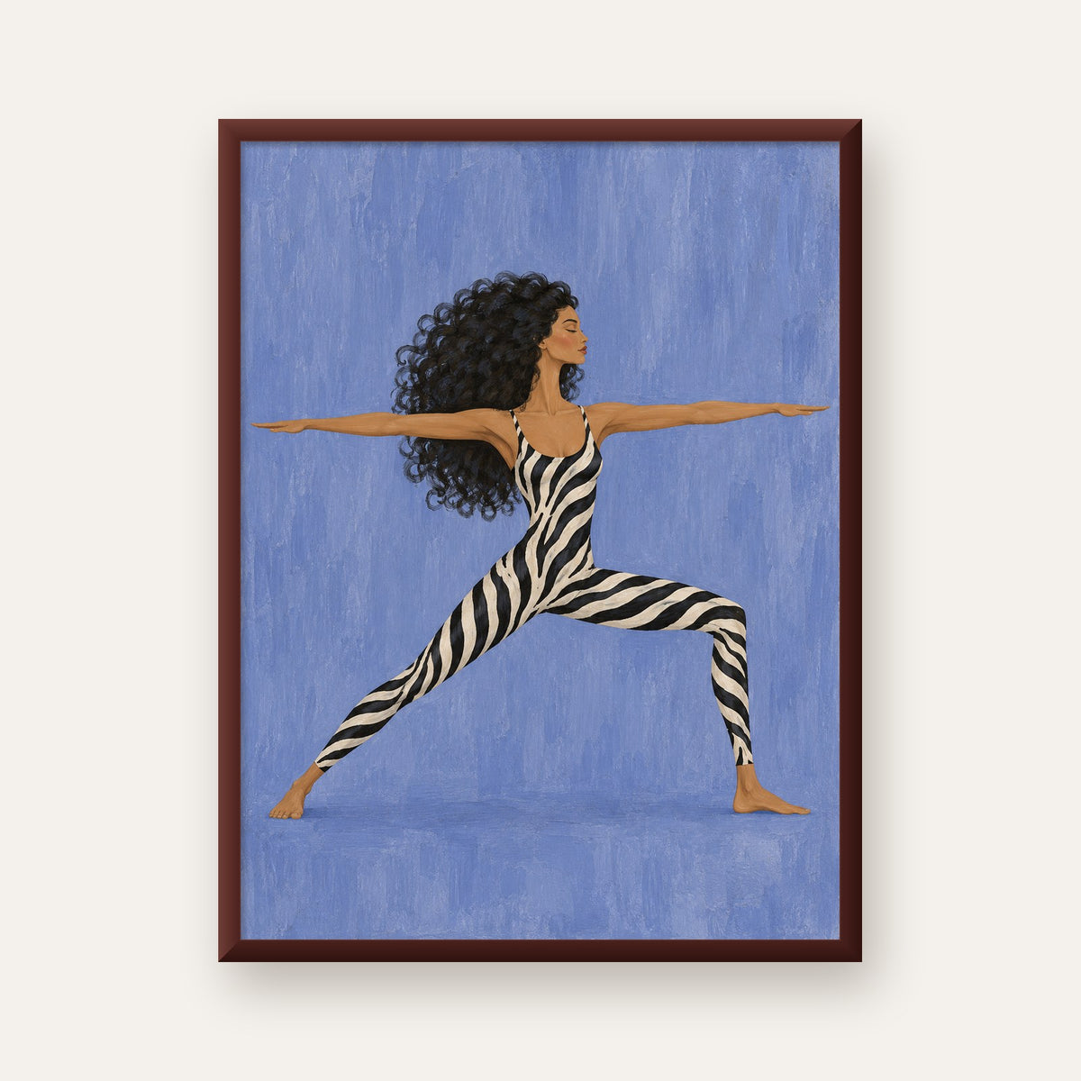 Mavi Zebra Desenli Savaşçı Pozu Yoga Poster — ceviz çerçeveli